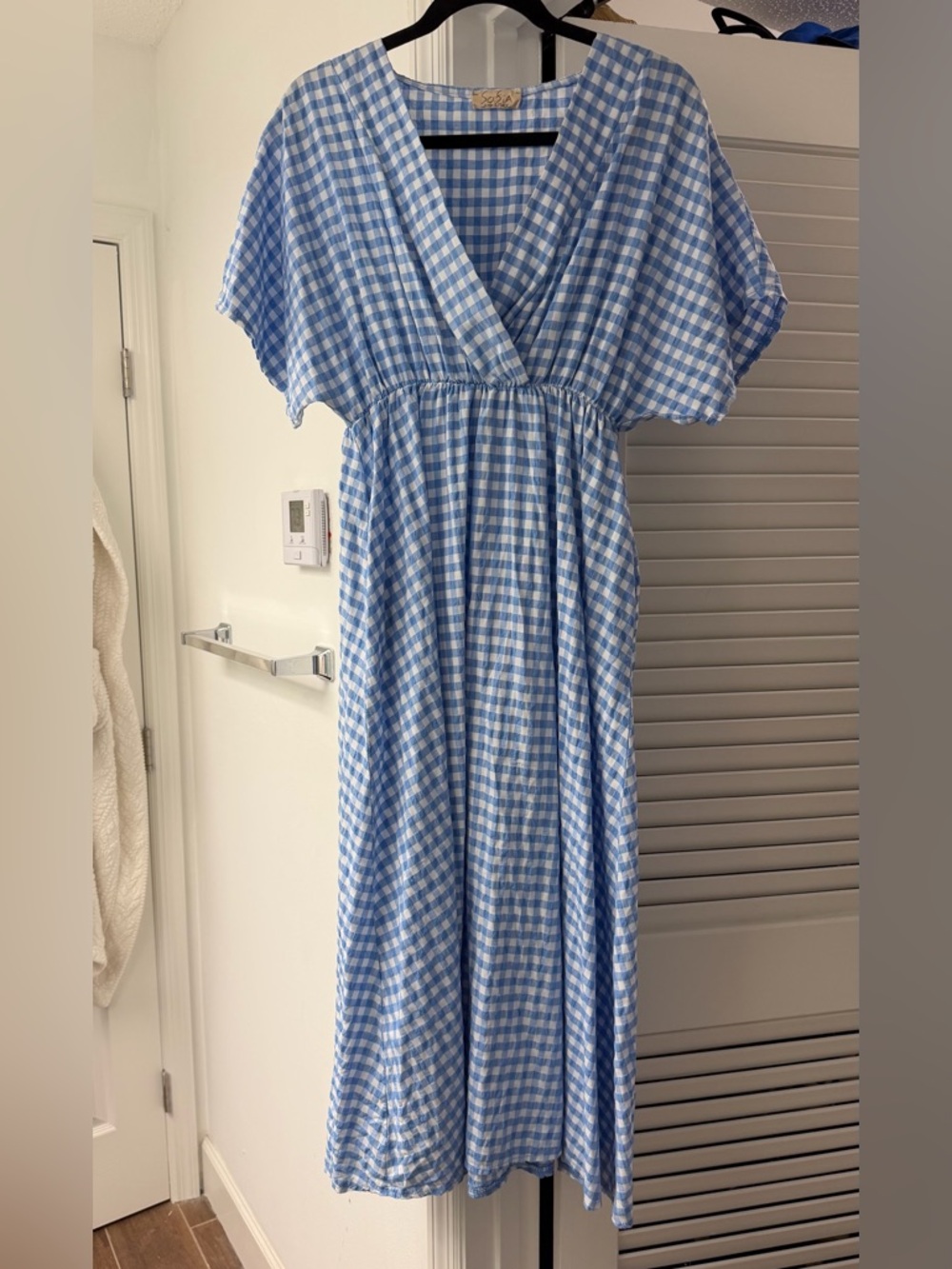 Blue Gingham V-Neck Maxi Dress